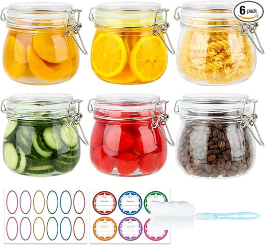 16 oz Glass Jars with Airtight Lids, 6 Pack Wide Mouth Mason Jars with Clamp Lids for Kitchen Canisters, Food Storage Containers for Pickling, Coffee, Spices, Sugar, Herbs