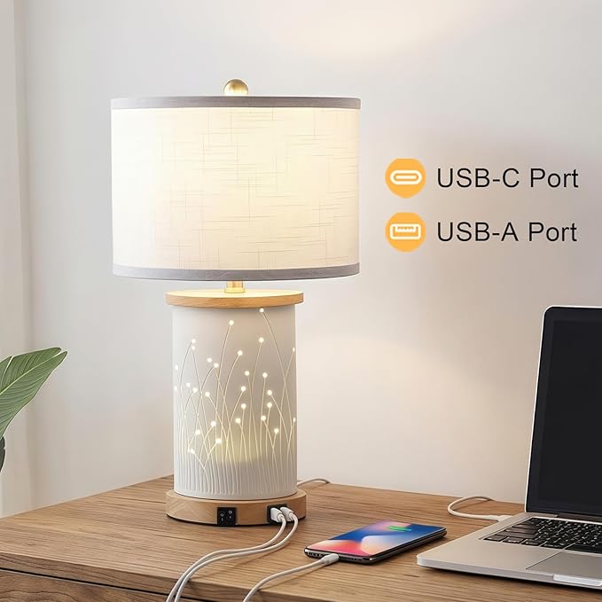 Set of 2 Ceramic Table Lamps with 3 Color Temperatures, Nightstand Table Lamps with AC Outlet, USB A & C Charging Port, Bedside Lamps for Living Room, Bedroom, Office Reading, Burlywood