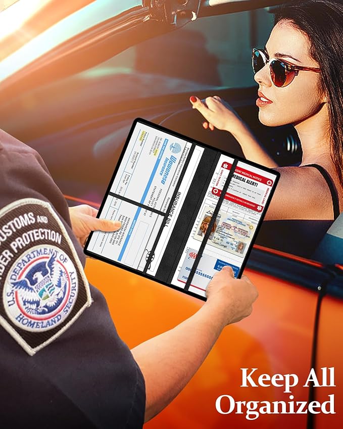 Slohif Car Registration and Insurance Card Holder - Skeleton Vehicle Glove Box Organizer Women with Magnetic Shut Leather Automobile License Holders Coasters Auto Accessories Case for Document