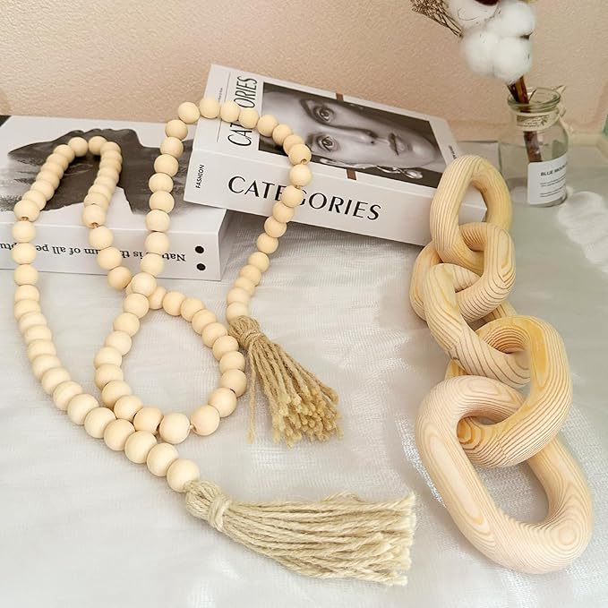 2 Pieces Decorative 5 Link Wooden Chain Decor and Bead Boho Farmhouse Rustic Home Table Decor Coffee Table Shelf Aesthetic Modern Bookshelf Table Wooden Decortion (Natural)