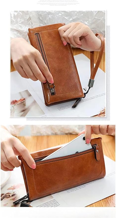 Vyrnox Genuine Leather Women's Long Vintage Zipper Money Clip Clutch Bag with RFID Blocking Coin Purse for Women Including Gift Box (Green)