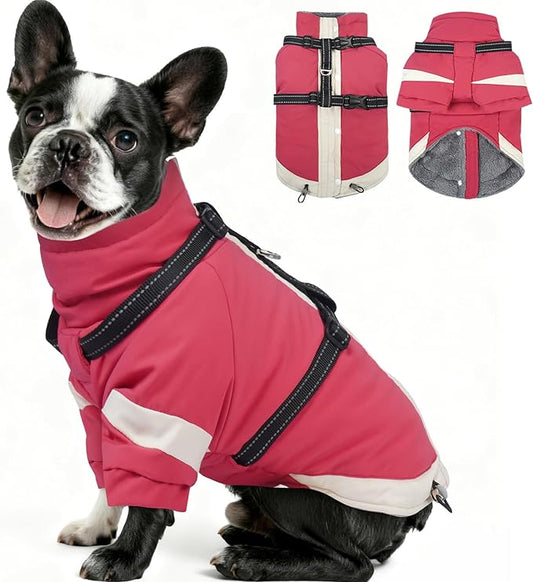 MIGOHI Waterproof Dog Coat with Harness Adjustable Dog Jacket Pet Winter Coat with Zipper,Christmas Small Fleece Jacket for Small Dogs,Extra Long Sleeves Warm Winter Snowsuit for Dogs,M,Pink