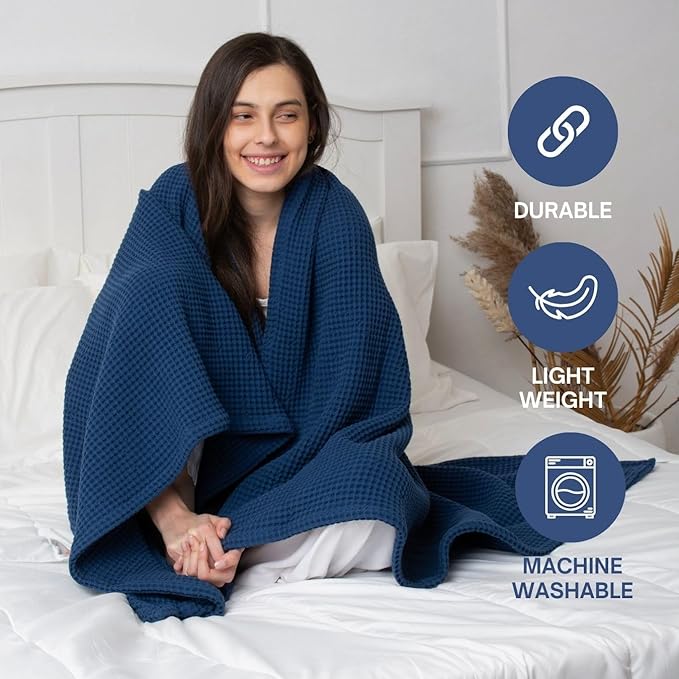 Best Organic Cotton Waffle Blankets King Size (104" x 90") - All-Natural, Toxic-Free, Lightweight, Breathable,Soft, Luxurious, for All Seasons(Blue)