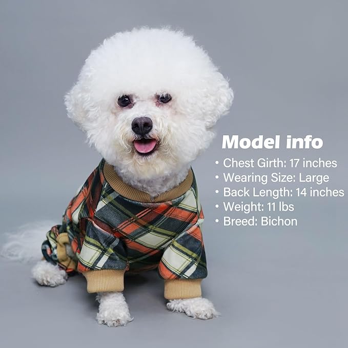 KYEESE Dog Pajamas Lightweight Pjs Comfy Pet Clothes Velvet Doggie Jammies Soft Coat Plaid Dog Pajamas for Small Dogs Boy Girl Stretchy Onesie, Khaki, X-Large