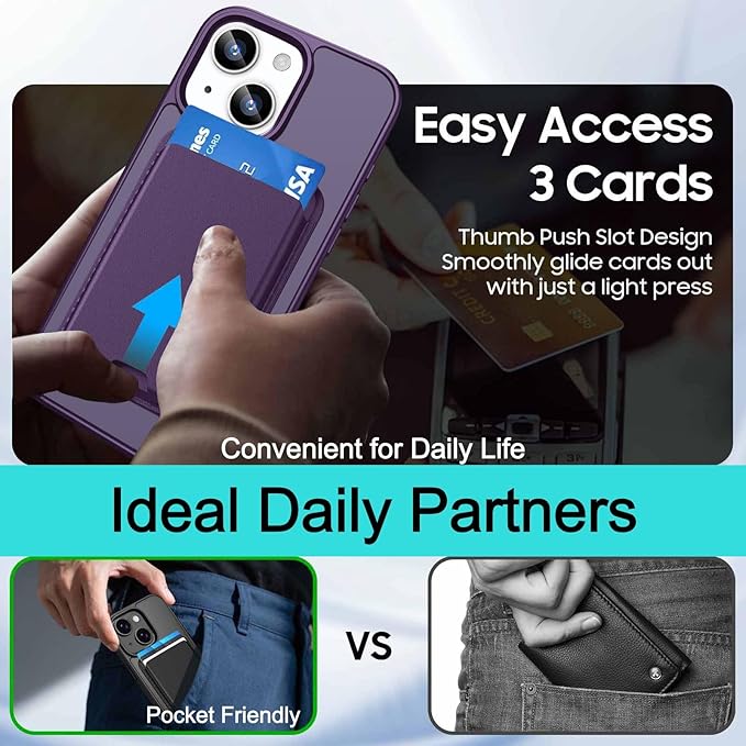 Ntwinro Magnetic for iPhone 13 & iPhone 14 Case (Compatible with MagSafe) with Detachable Wallet & Card Holder for 3 Cards [RFID Blocking] Military Grade Protective Slim Phone Cover, Purple