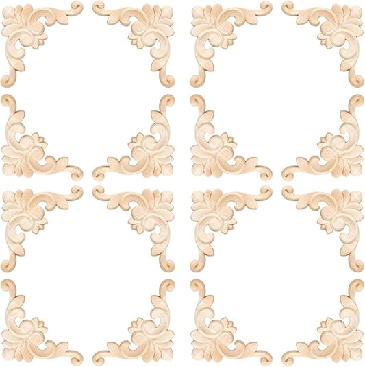 20 Pcs Wood Applique Corner Onlay Decorative Wood Applique DIY Wooden Carved Corner Unpainted Wooden Carved Decals Carving Decal for Furniture Wall Cupboard Bed Cabinet(Classic Style)