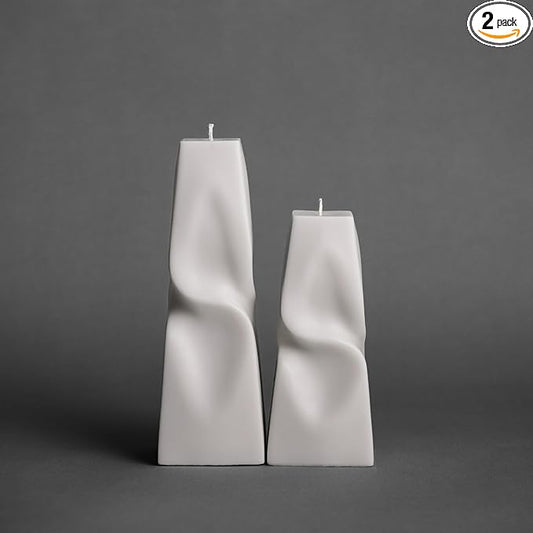 LAWA Twisted Pyramid Candle - Beautiful Handmade Pillar Soy Wax Elegant Aesthetic Candle Housewarming Gift Home Room Shelf Decor Idea (Set of 2) (White)