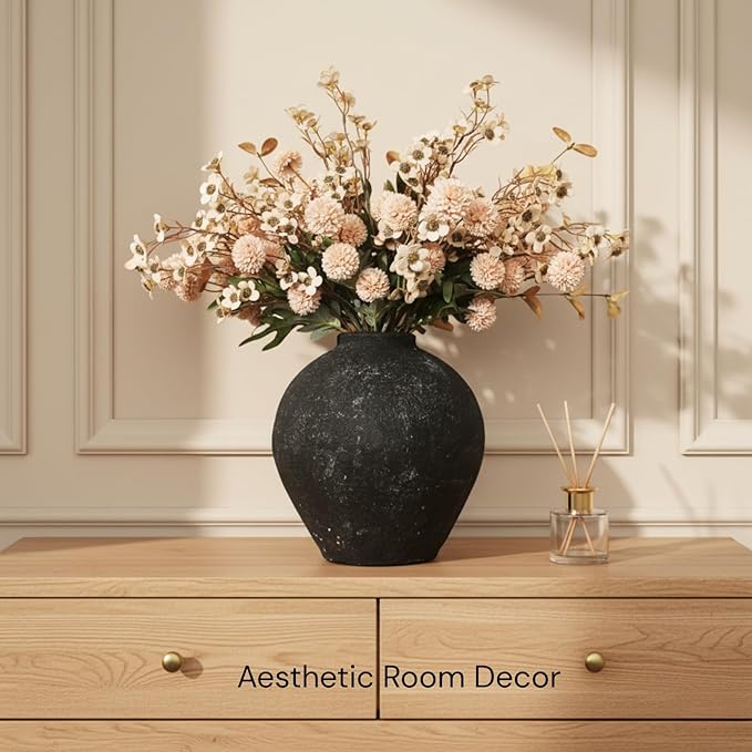Handmade Large Rustic Ceramic Vase 10.6 inches Tall, Farmhouse Stone Decor, Big Black Round Vase Living Room Home Decor, Earthy Textured Large Vases for Centerpieces Console Table