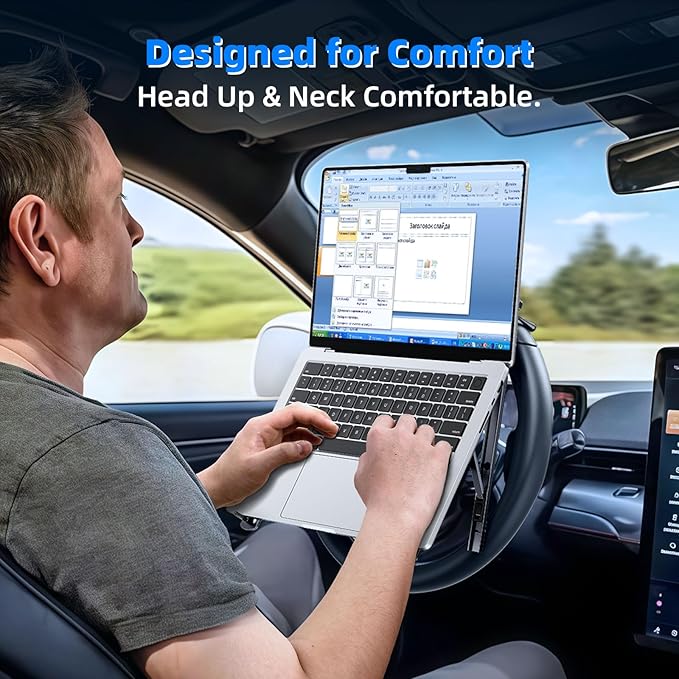 Fumcsy Angle Adjustable Car Steering Wheel Laptop Holder,Foldable Laptop Stand for car,Metal Car Laptop Riser | Car Reading Stand | Car Tablet Holder, Multipurpose Travel Car Accessories (Gray)