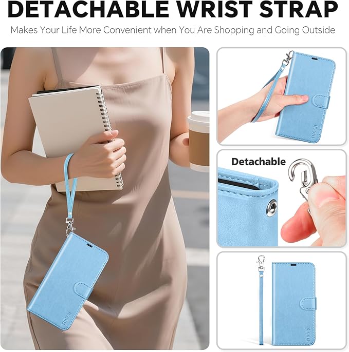 TUCCH Removable Case Wallet for iPhone Air (6.5") 2025, Detachable Wrist Strap, Wireless Charging, Stand, 4 Card Slots RFID Blocking, 2-in-1 Magnetic, PU Leather Shockproof Cover, Pearly Light Blue