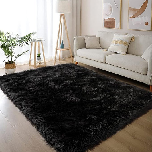 Latepis Black Rug for Living Room Faux Fur 5x6.7 Fluffy Rug Washable Sheepskin Rugs for Bedroom Bedside Dorm Luxury Home Décor, Rectangle