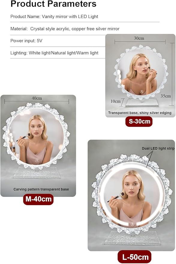 Crystal LED Vanity Mirror with Touch Control 3 Color Lights, Dimming 360° Rotation Desktop Elegant Decorative Hollywood HD Makeup Mirror(Tabletop Mirror-30cm)