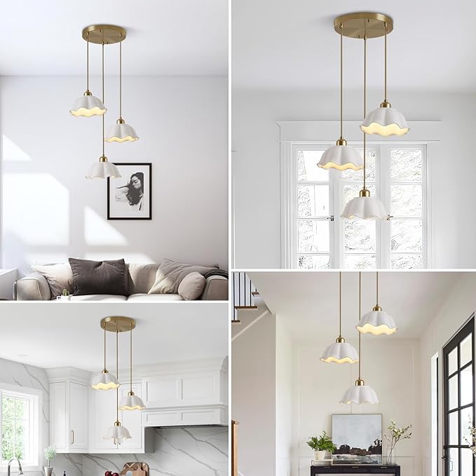 3-Light Pendant Light Modern Industrial Farmhouse Kitchen Island Light Brushed Brass Adjustable Hanging LampFixture White Ceramic Lights Fixture Nordic Glass Hanging Lamp MPL11-3R GD