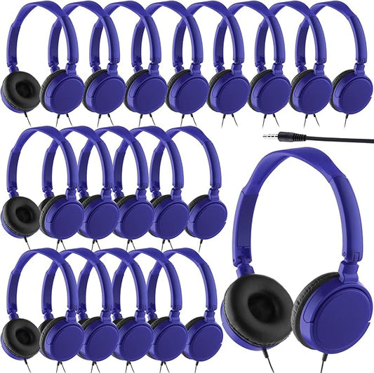 Yunsailing 6 Pack Classroom Headphones Bulk Student Wired Class Headphones Set for School with Individually Wrapped Adjustable Over Ear Head Earbuds (Navy Blue)