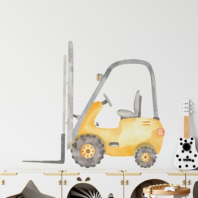 Construction Forklift Wall Decal for Boys Room, Lift Truck Construction Eqipment Peel Stick Removable Fabric Wall Sticker, Nursery or Playroom Decor, Repositionable (30 inch: 27" Tall x 30" Wide)