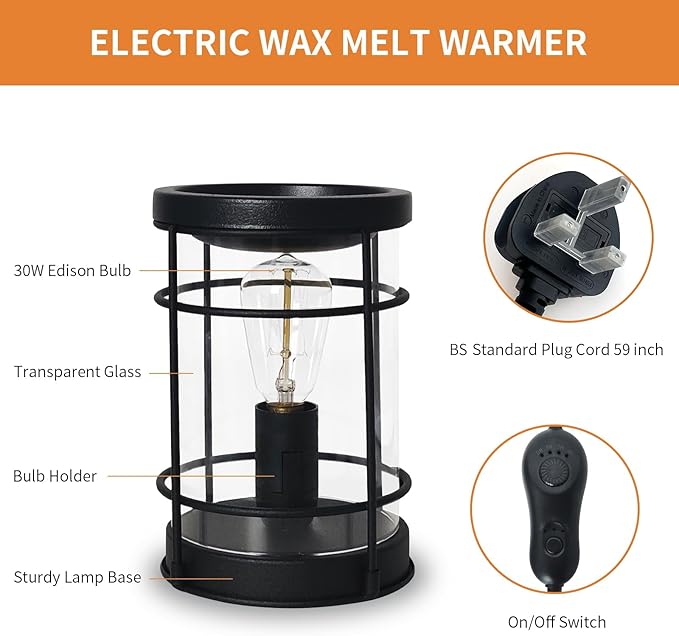 LIFFY Candle Wax Melt Warmer - Wax Warmer Scented, Fragrance Oil Burner, Metal Melter Lamp for Rustic Home Decor Office Bedroom Aromatherapy, Birthday Gifts for Women, Timer & 2 Edison Bulbs