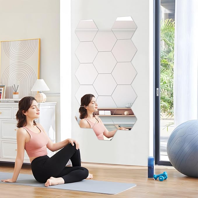 Abyssaly 10 Pack Acrylic Mirror Stickers 11.8" x 11.8", 3D Hexagon Flexible Plastic Mirror Tiles for Wall, Frameless Non-Glass Full Length Stick on Espejos Wall Tile Sheets for Bedroom Home Gym Door