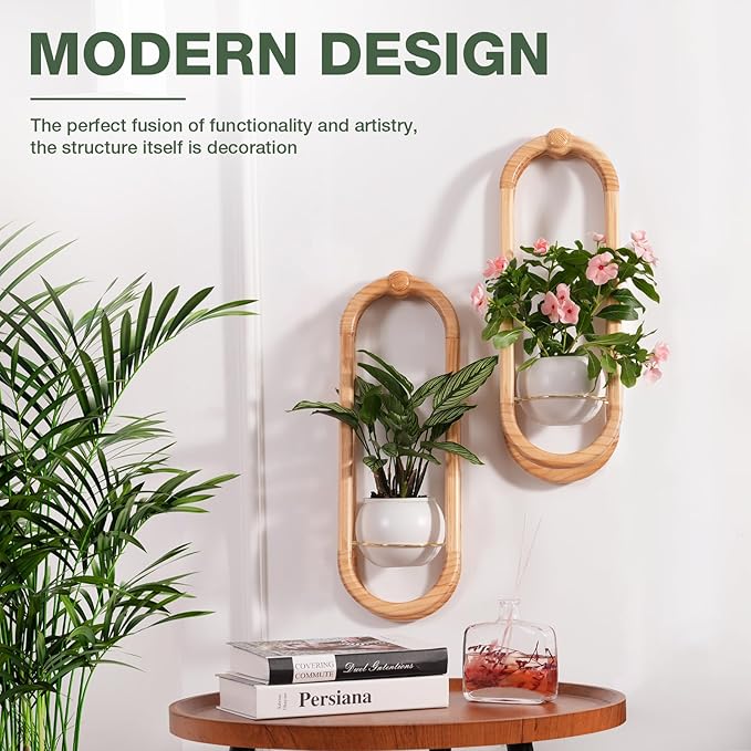 Wooden Wall Planters for Indoor with Ceramic Pot - Modern Hanging Plant stand Shelf for Indoor Plants, Wall Mounted Plant Holder for Living Room, Bedroom, Wall Decor - Raw Wood Color (Set of 2)