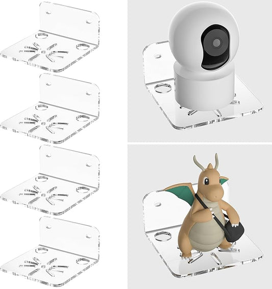 Sezanrpt Clear Acrylic Wall Shelf 4 Pack for Surveillance Cameras, Smart Security Cameras, Small Floating Shelf for Plants, Speaker, Dog Camera, 4'', with Cable Clips
