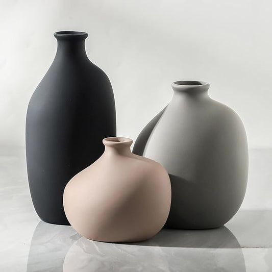 Ceramic Vase Set of 3, Small Modern Rustic Pottery Vases for Home Decor,Farmhouse Flower Vase for Pampas Grass, Dried or Fresh Flowers, Decorative Vases for Living Room, Bedroom, Bookshelf, or Table.