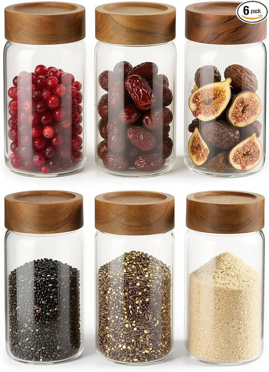 Zoaiirte 6-Pack 10 oz Airtight Food-Grade Glass Mason Jars with Acacia Wood Lids - Sealable, Waterproof & Stackable Canister Set for Overnight Oats, Dry Goods, Baking Supplies & Pantry Organization