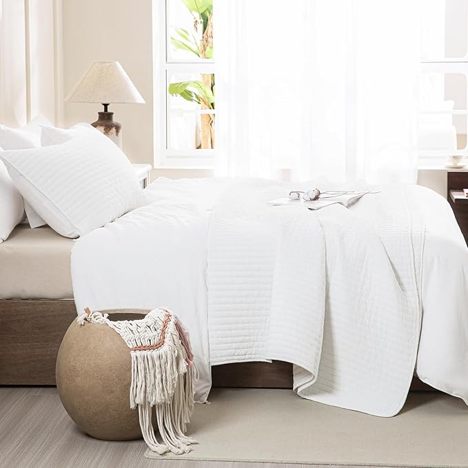 Sanracie Cotton Queen Quilt Bedding Set(90"x98") ，Ultra Soft Stonewashed Milk White Bedspread Coverlet Cross Stitch Pattern Lightweight Crinkle Quilted Bedspread Set 3Pcs for All Season