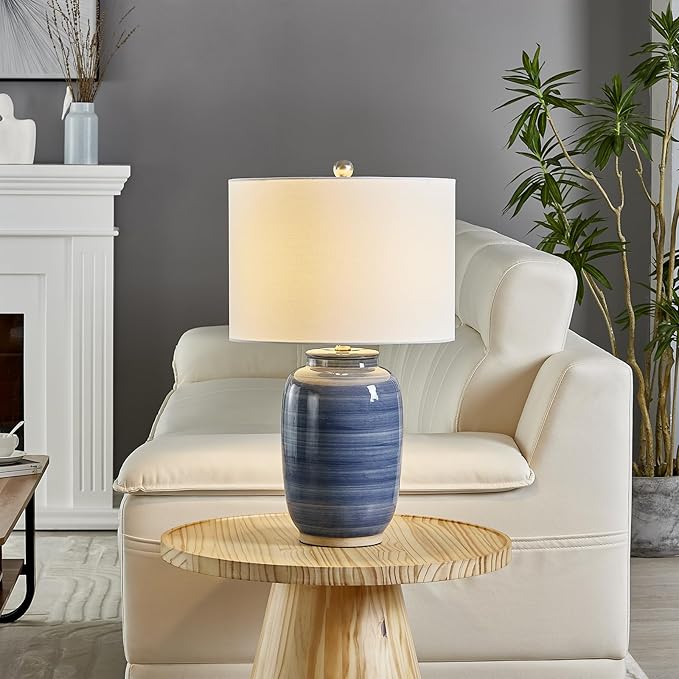 Maxax 25" Blue Table Lamp for Living Room, Modern Ceramic Lamp with White Shade, Coastal Blue Bedside Nightstand Lamp for Bedroom Home Office