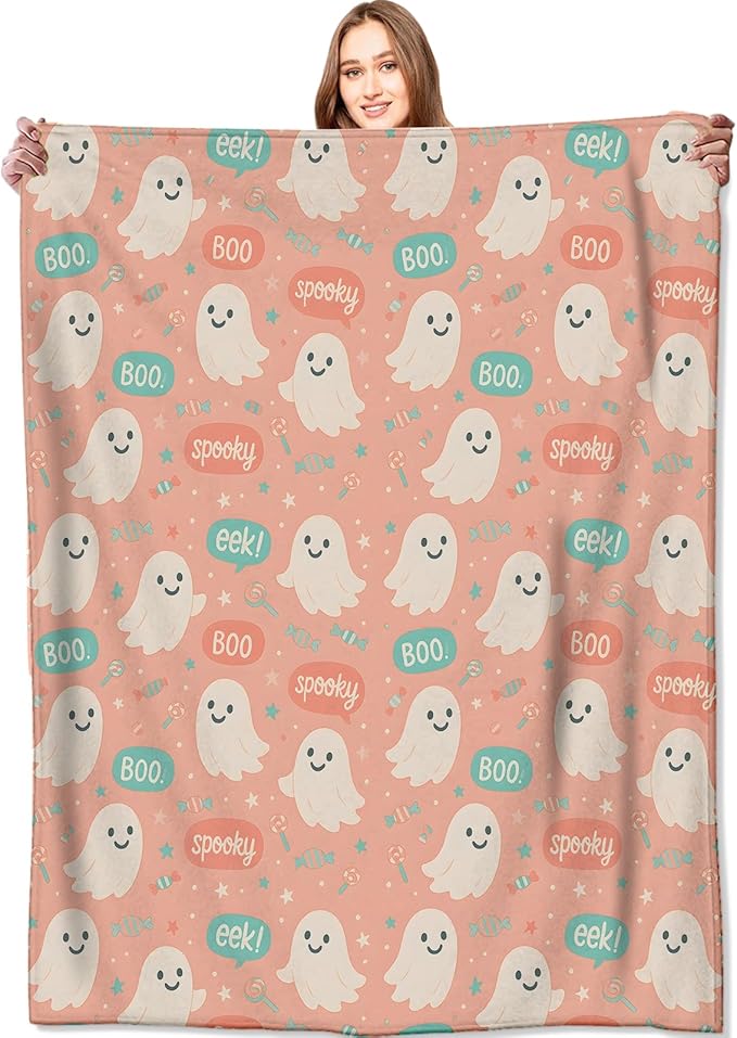Cute Pink Ghost Blanket Halloween Fall Holiday Decor Gothic Candy Smiling Spirit Throw Gifts for Kids Lightweight Fleece Boo Spooky Witchy Blankets for Horror Spooky Goth Decoration 40x50in