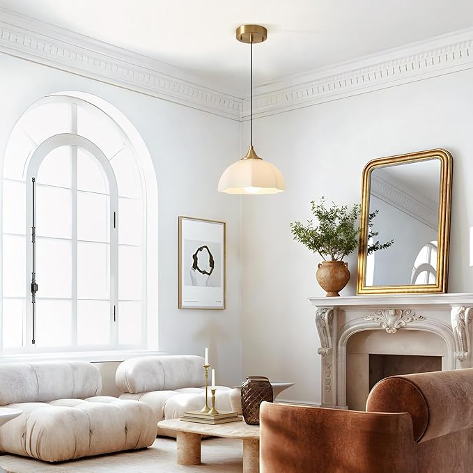 Mid Century Modern Pendant Light Kitchen Island Minimalist Gold Adjustable Ceiling Hanging Light Fixtures White Single Opal Glass Nordic Retro Dome Pendant Light for Dining Room MPL17-1 GD