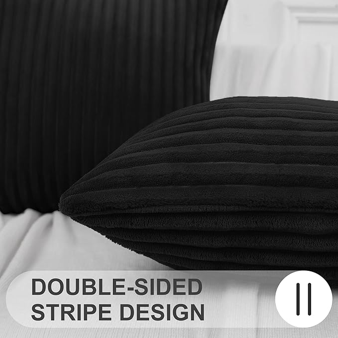 Simmore Decorative Spring Euro Sham Throw Pillow Covers 24x24 Set of 2, Soft Natural Plush Flannel Double-Sided Fluffy Couch Pillow Covers for Sofa Living Room, Black