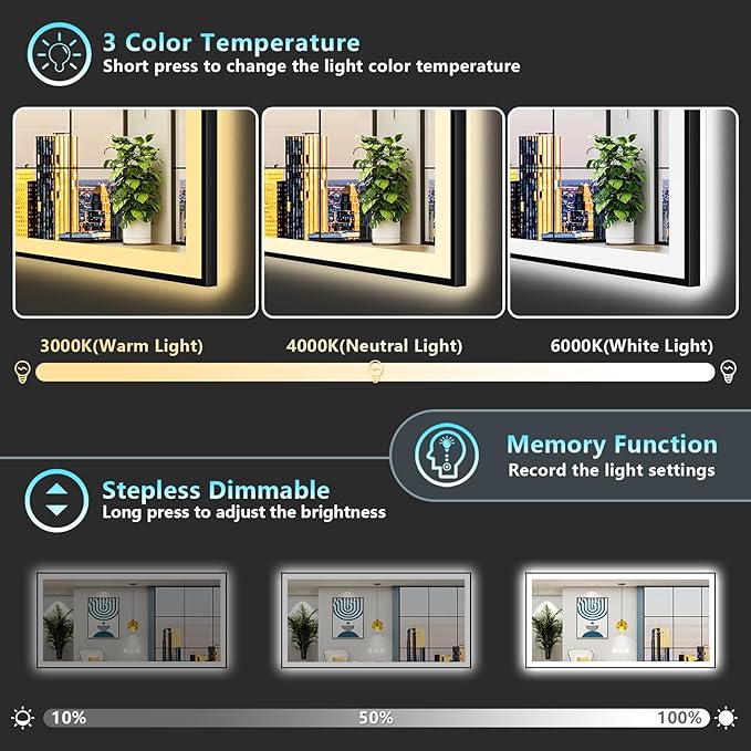 84x32 Inch Black Framed LED Bathroom Mirror with Lights, Backlit & Front Lit, Anti-Fog Lighted Vanity Mirrors for Bathroom Wall, Dimmable, 3-Color Light, Memory, Shatter-Proof, Tempered Glass