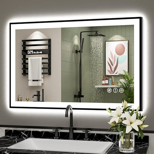 40x24 Black Framed LED Bathroom Mirror with Lights, Backlit & Front Lit, Anti-Fog Lighted Vanity Mirrors for Bathroom Wall, Dimmable, 3 Colors, Memory, Shatter-Proof, Tempered Glass, CRI＞90