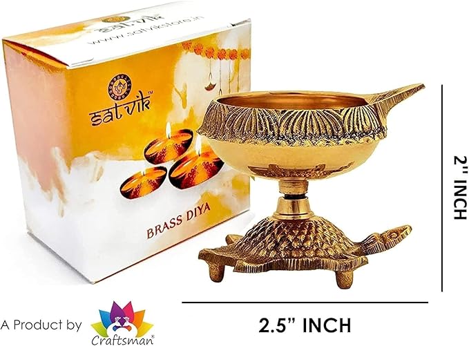 SATVIK 10 Pc Brass Kuber Turtle Diya for Diwali Decoration Handmade Oil Lamp with Golden Engraved Virgin Brass Metal Diwali Diya Vilakku for Puja Pooja Indian Deepawali Gift Items