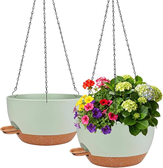 2 Pack Hanging Planters for Indoor Outdoor Plants, 12 Inch Self Watering Hanging Pot with Drainage Holes and Saucer, Plastic Plant Pots, Green Brown Flower Pots for Kitchen, Balcony, Garden