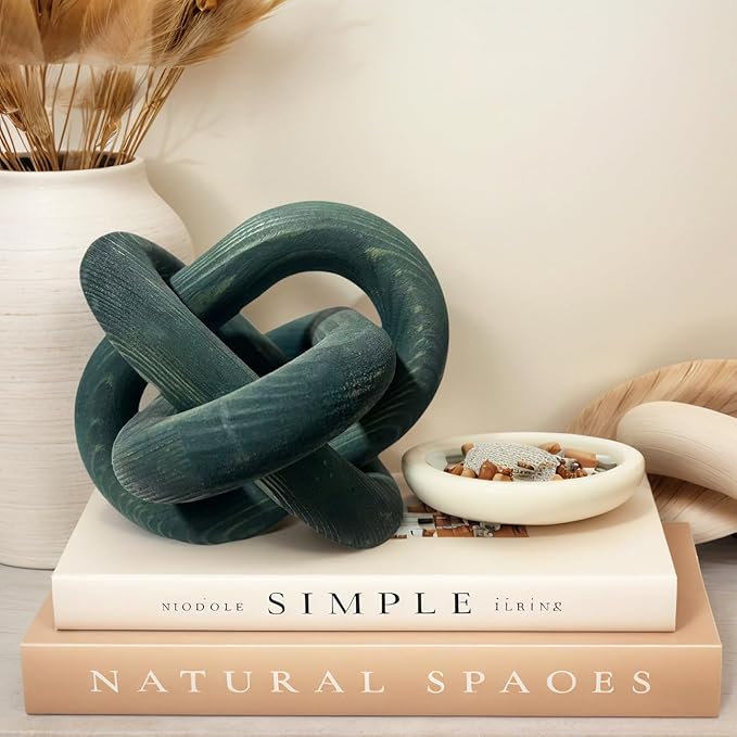 Wood Knot Decor -Coffee Table Decor Shelf Decor Table Books Hand Carved Home Decoration Boho Country Rustic Modern Shabby Chic Style 3 Link Wooden Knot Chain Link Decor (Dark Blue)