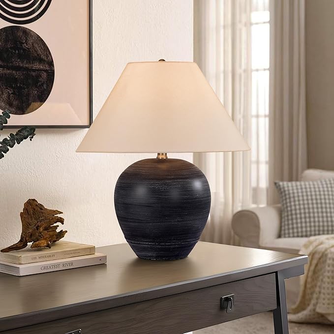 Pia Ricco 21'' Medium Size Black Glossy Ceramic Base Ceramic Basin Table Lamp for Bedroom, Living Room, Dining Room, Office, White Shade,White Striped Black Base