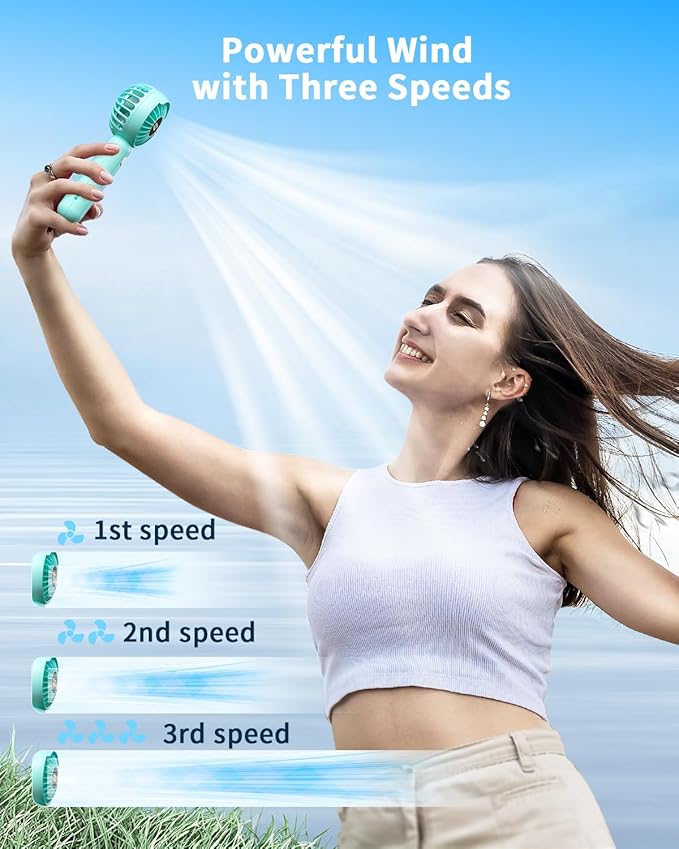Handheld Fan with 𝗪𝗶𝗿𝗲𝗹𝗲𝘀𝘀 Charging Base, 3 Speeds Portable Fan with Digital Display, 2000mAh Battery Operated Hand Held Fan, Handheld/Desk 2 in 1 Personal Fan Lash Fan Makeup Fan (Blue)