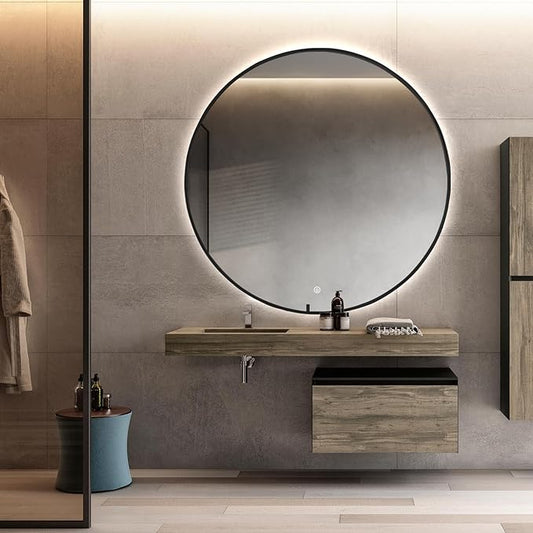48" Round LED Bathroom Mirror, Wall Mounted Backlit Vanity Mirror with 45° Beveled Frame Lighted Mirror for Bedroom, Fog Free 3-Color Dimmable Lights Memory Function, Black