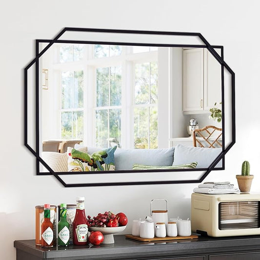 48.5"x32.5" Large Decorative Bathroom Mirror for Wall with Metal Frame, Black Hanging Mirror for Wall, Living Room, Dining Room, Entryway