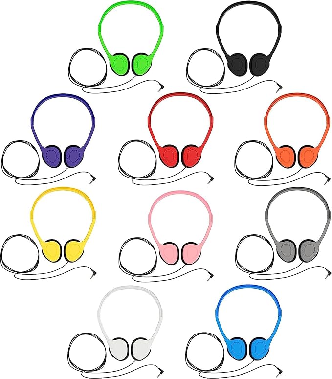 Maeline Bulk Classroom Student Headphones On Ear Stereo Headphones Flexible Adjustable Band for Kids Online Learning, Library, School, Airplane, Travel - 3.5mm Plug - 40 Pack - Multi