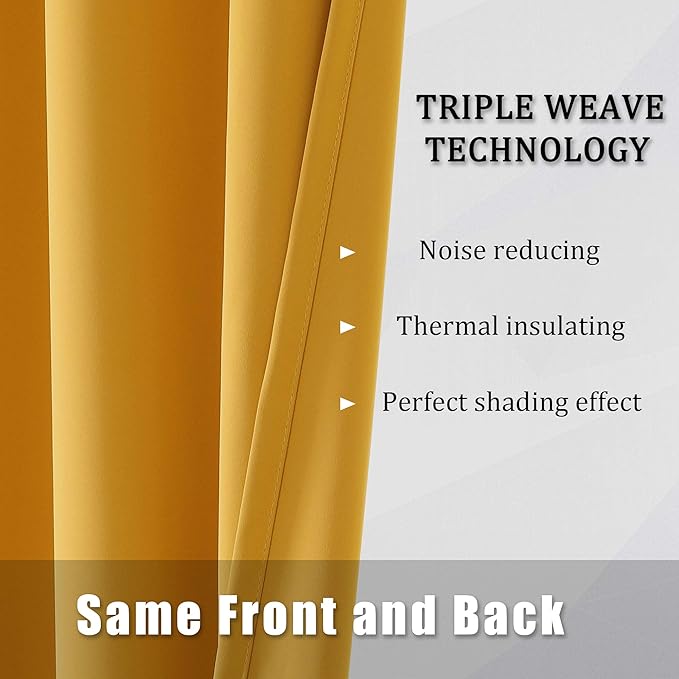 DUALIFE Yellow Curtains 45 Inches Long Blackout Curtain Panels for Bedroom Room Darkening Gold Window Drapes Thermal Insulated Grommet Top 52W x 45L,2 Panels