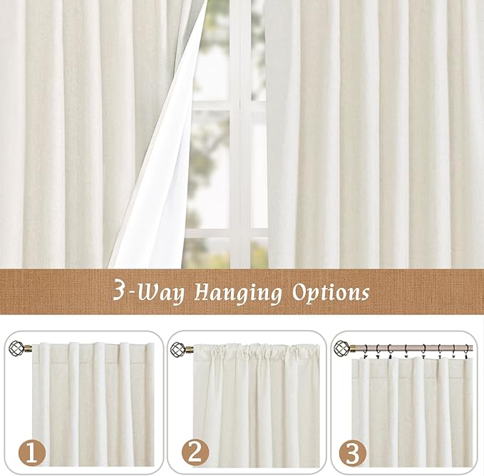 LAMIT Natural 100% Blackout Linen Curtains, 80 Inches Linen Textured Thermal Bedroom Curtains Back Tab and Rod Pocket Neutral Panels with White Liner for Farmhouse, 2 Panels, 52 x 80 Inch, Ivory