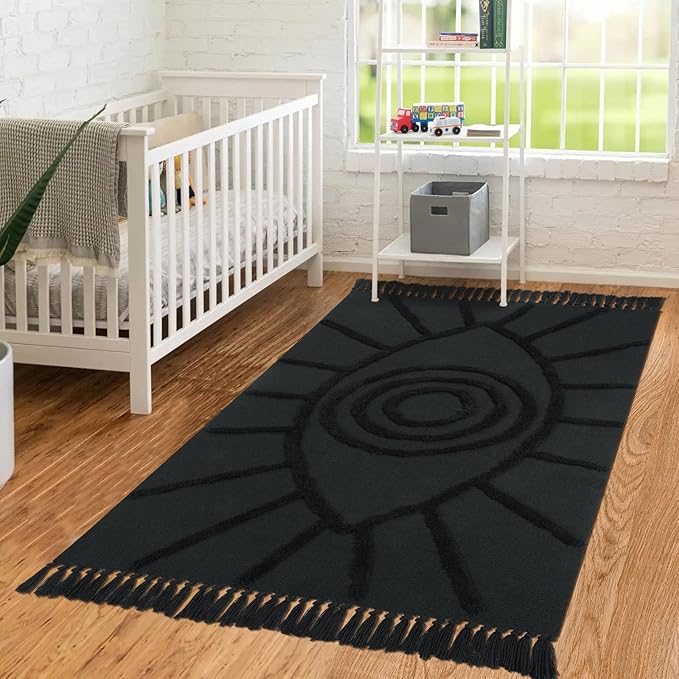 Uphome Boho Area Rug 4'x6' Washable Evil Eye Tufted Living Room Rug with Tassels Soft Cotton Woven Nursery Rug Farmhouse Aesthetic Dark Gray Indoor Carpet for Home Kitchen Dining Room Bedroom