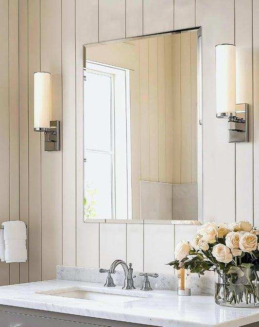 Frameless Rectangular Wall Mirror: Decorative Rectangle Mirrored Glass Vanity with Beveled Silver Edge for Bathroom Bedroom Livingroom Dining Room Entryway Hallway, 32 x 24 inch