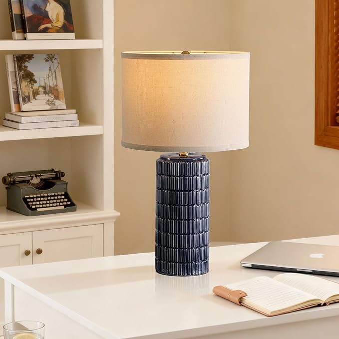 Modern Ceramic Table Lamp Set of 2, Bedside Lamp for Bedroom Decor, Nightstand Lamp with 3 Color Temperatures, Desk Light for Living Room Dorm Office, Blue