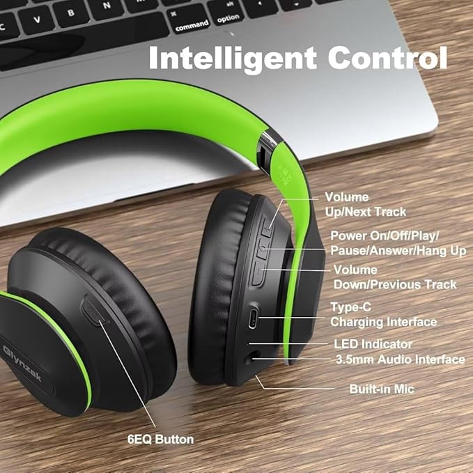 Wireless Bluetooth Headphones Over Ear 65H Playtime HiFi Stereo Headset with Microphone and 6EQ Modes Foldable Bluetooth V5.3 Headphones for Travel Smartphone Computer Laptop