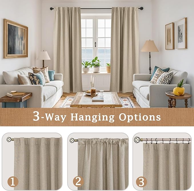 LAMIT 100% Blackout Linen Curtains 63 Inches Long, Linen Textured Living Room Farmhouse Curtains Full Room Darkening Back Tab and Rod Pocket Panels with White Liner, 2 Panels, Taupe, 60 x 63 Inch