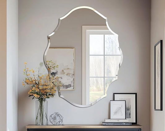 Frameless Scalloped Wall Mirror: Decorative Scallop Oval Mirrored Glass Vanity with Beveled Silver Edge for Bathroom Bedroom Livingroom Dining Room Entryway Hallway, 32 x 25 inch