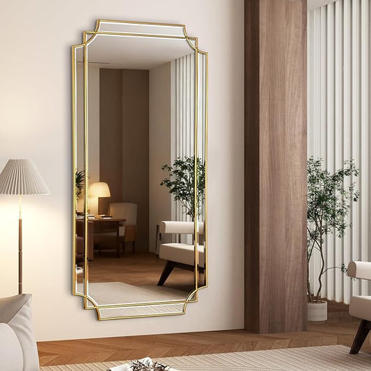 Gold Full Length Mirror for Wall, 59" x30" Wooden Framed, Polished Bevelled Rectangle Mirror, Art Decorative Mirrors for Wall Decor, Irregular Mirrors for Living Room, Bathroom, Entryway