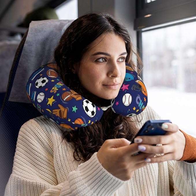 Travel Neck Pillow for Pain Relief Sleeping, Ice Hockey Ball Soccer Basketball Baseball Football Sport, Memory Foam Chin Head Cushion Support with Zip Cover, Fashion Car Flight Pillows